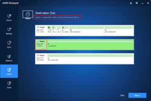 Click Next to continue after designating the SSD as the destination disk, which will house all of the cloned data.