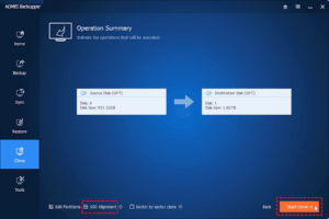 To safely clone an HDD to SSD, confirm the parameters and click Start Clone.
